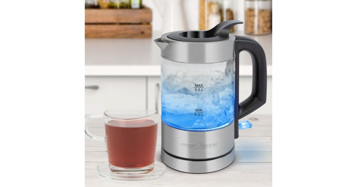 ProfiCook Glas-Wasserkochher PC-WKS 1228 G, Wasserkocher(edelstahl/schwarz, 0,5 Liter)