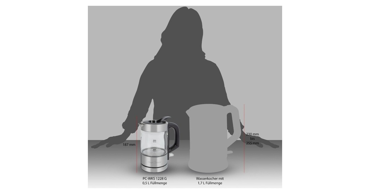 ProfiCook Glas-Wasserkochher PC-WKS 1228 G, Wasserkocher(edelstahl/schwarz, 0,5 Liter)