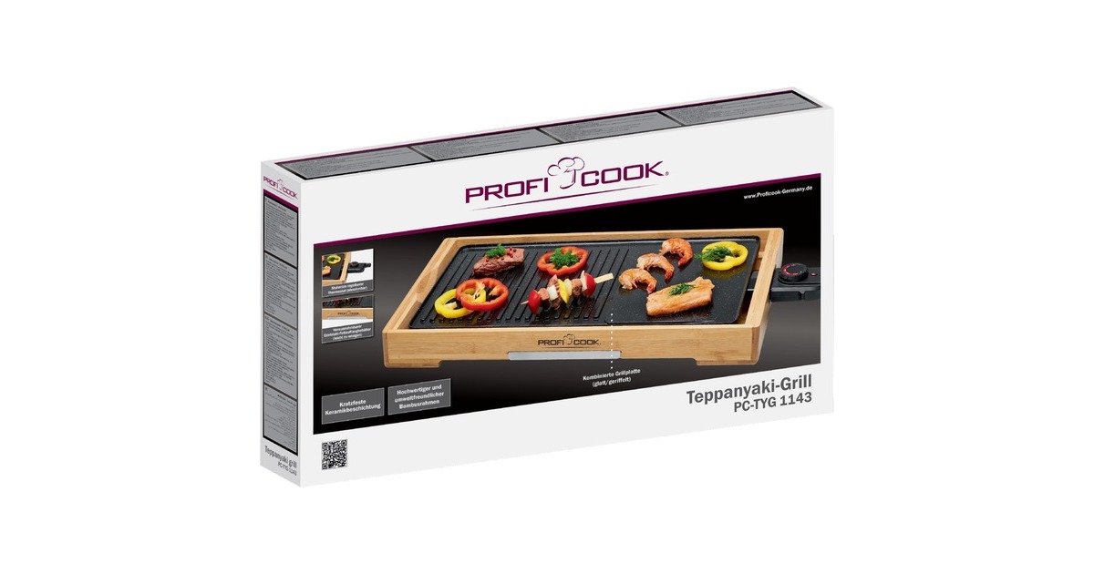 ProfiCook Teppanyaki-Grill TYG 1143, Elektro-Grillplatte(schwarz/holz, 2.200 Watt)