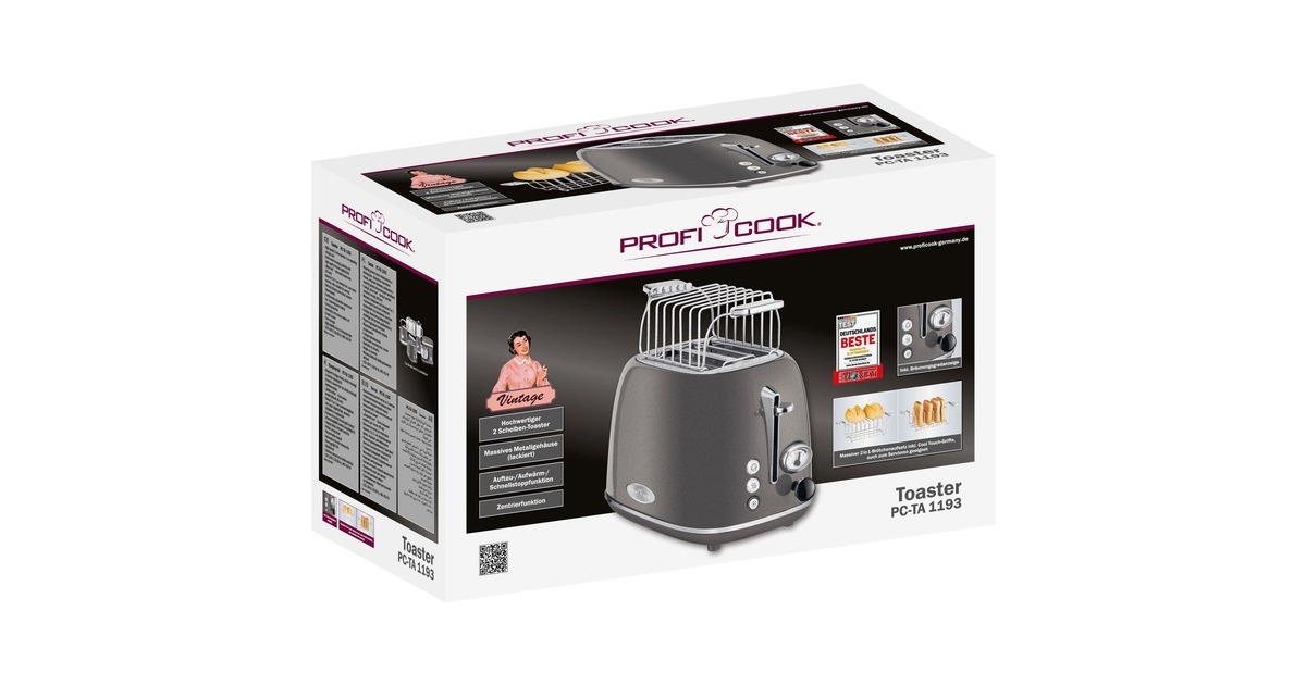 ProfiCook Toaster Vintage PC-TA 1193(anthrazit/chrom, 815 Watt, für 2 Scheiben Toast)
