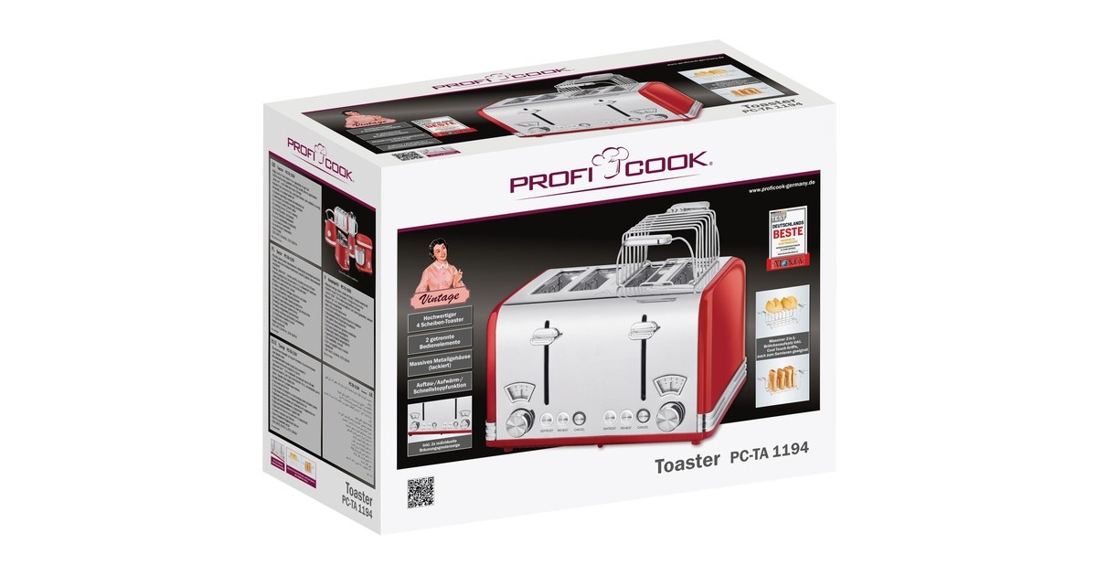 ProfiCook Toaster Vintage PC-TA 1194(rot/chrom, 1.630 Watt, für 4 Scheiben Toast)