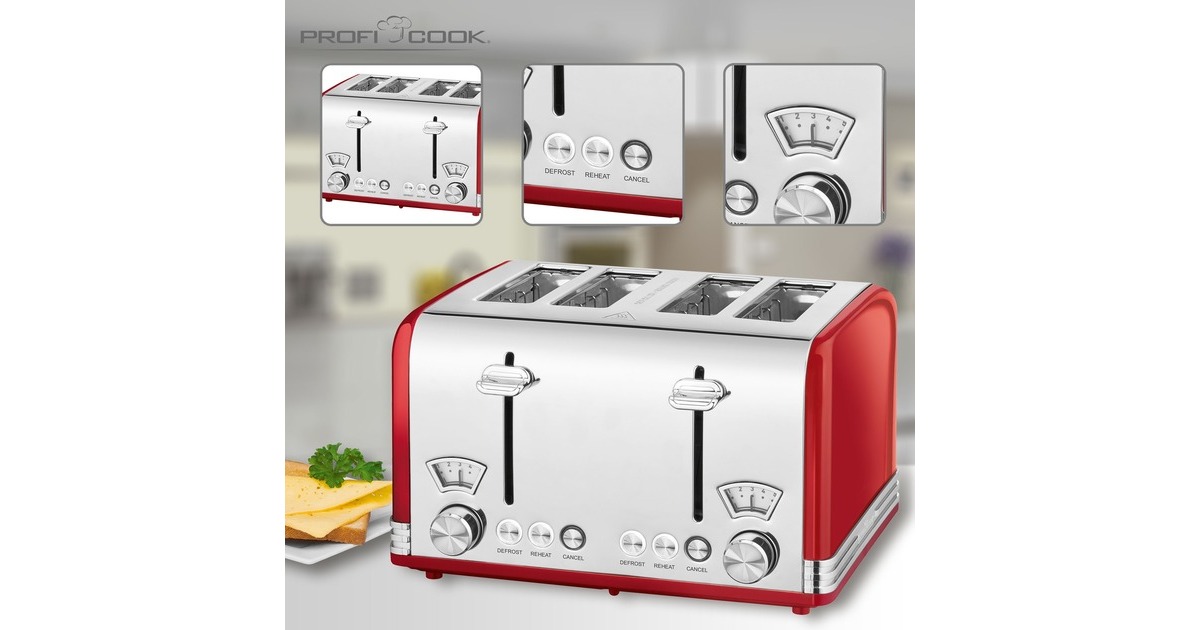 ProfiCook Toaster Vintage PC-TA 1194(rot/chrom, 1.630 Watt, für 4 Scheiben Toast)