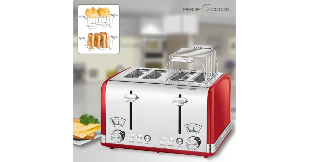 ProfiCook Toaster Vintage PC-TA 1194(rot/chrom, 1.630 Watt, für 4 Scheiben Toast)