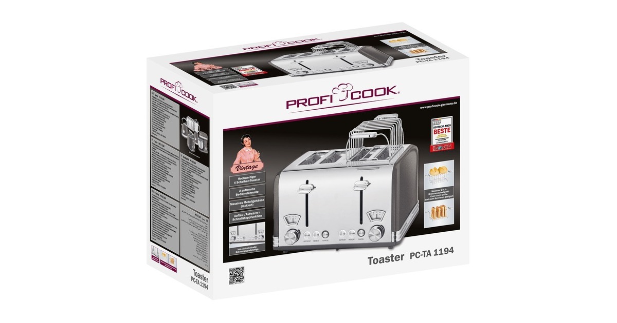 ProfiCook Toaster Vintage PC-TA 1194(anthrazit/chrom, 1.630 Watt, für 4 Scheiben Toast)