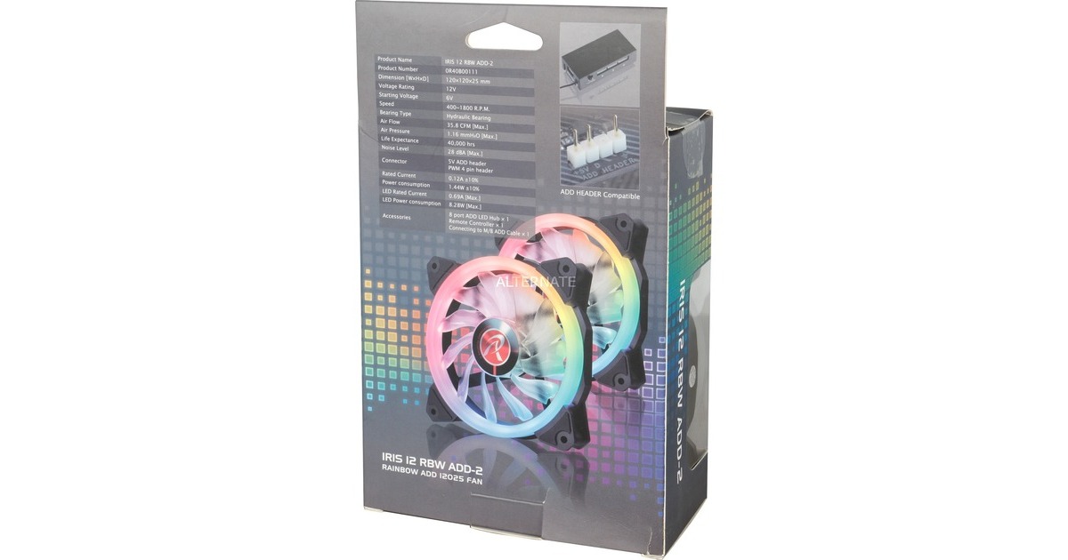 RAIJINTEK IRIS 12 RBW ADD-2, Gehäuselüfter(schwarz, 2 Lüfter, Controller und Fernbedienung)