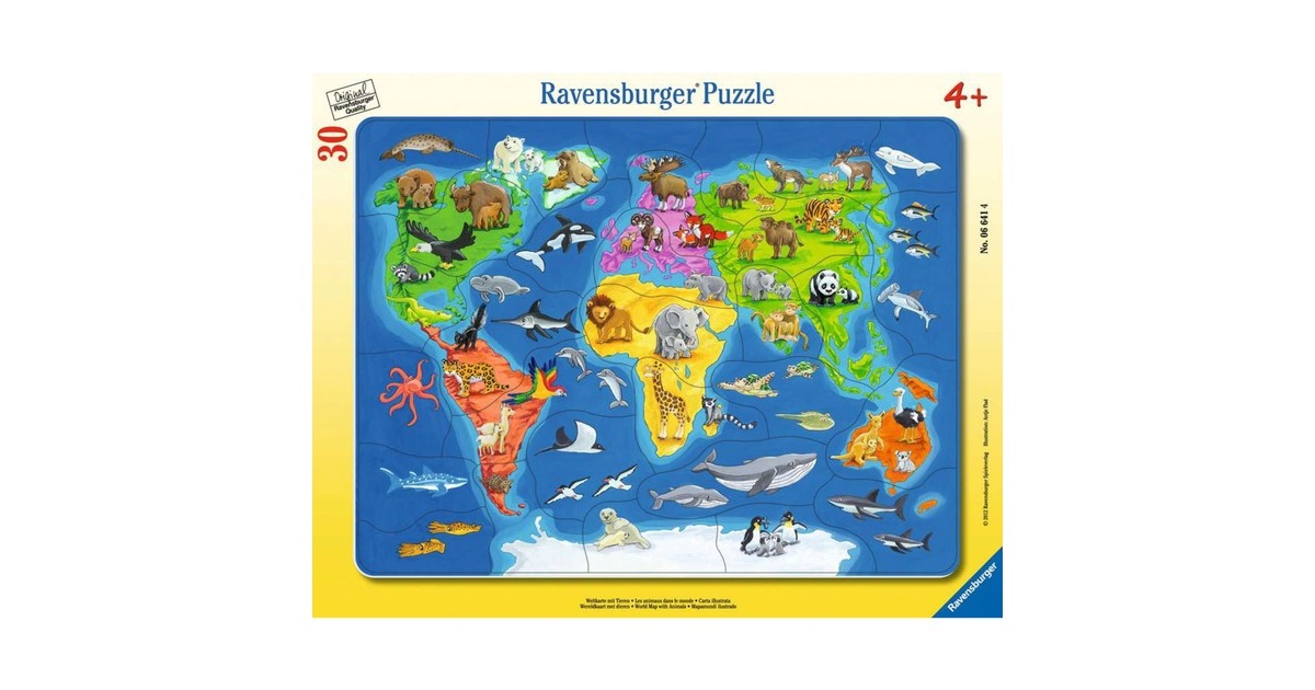 Ravensburger Kinderpuzzle Weltkarte mit Tieren(30 Teile, Rahmenpuzzle)