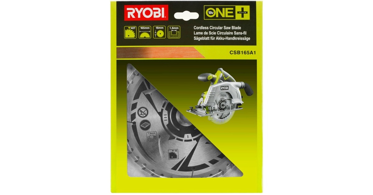 Ryobi HM-Kreissägeblatt CSB165A1, Ø 165mm, 40Z(Bohrung 16mm, für Akku-Handkreissägen) Ryobi HM-Kreissägeblatt CSB165A1, Ø 165mm, 40Z(Bohrung 16mm, für Akku-Handkreissägen)