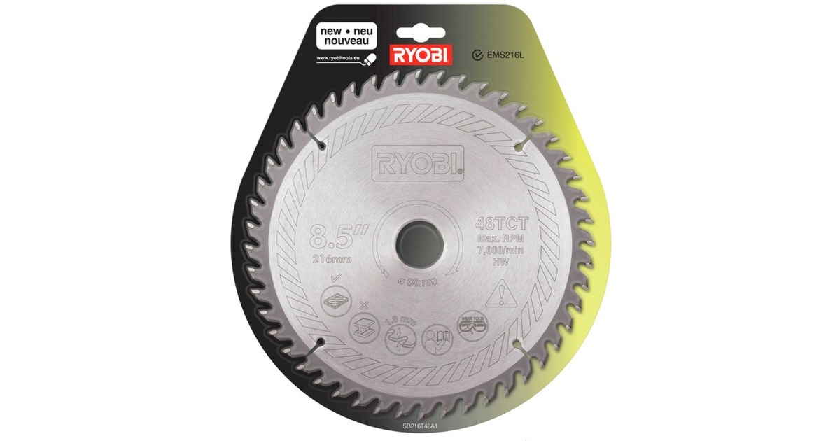 Ryobi HM-Kreissägeblatt SB216T48A1, Ø 216mm, 48Z(Bohrung 30mm, für Kapp- & Gehrungssägen) Ryobi HM-Kreissägeblatt SB216T48A1, Ø 216mm, 48Z(Bohrung 30mm, für Kapp- & Gehrungssägen)