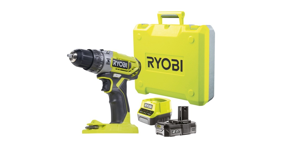 Ryobi ONE+ Akku-Schlagbohrschrauber R18PD2-120B, 18Volt(grün/schwarz, Li-Ionen Akku 2,0Ah, Koffer)