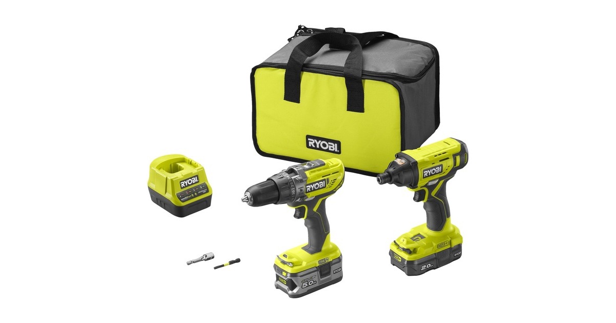 Ryobi ONE+ Akku-Schlagbohrschrauber- / Schlagschrauber-Set R18PDID2-252S, 18Volt(grün/schwarz, 2x Li-Ionen Akku (2,0Ah + 5Ah), Werkzeugtasche)