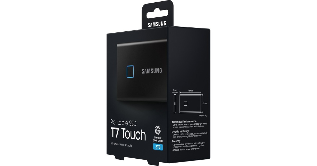 SAMSUNG Portable SSD T7 Touch 2TB, Externe SSD(schwarz, USB-C 3.2 Gen 2 (10 Gbit/s), extern)