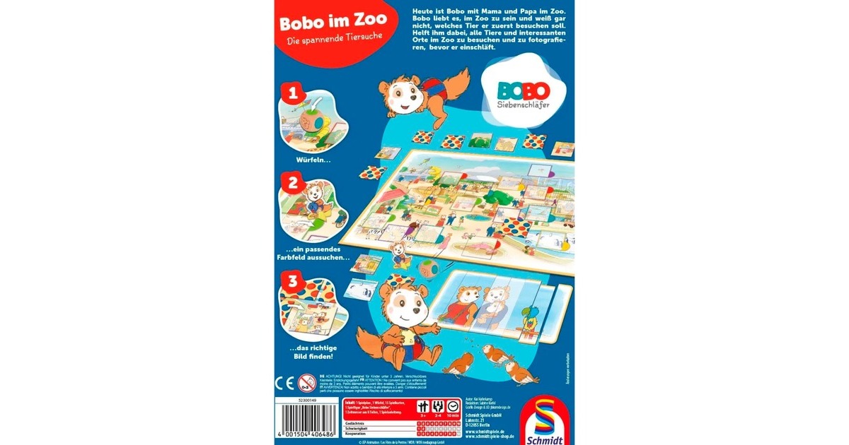 Schmidt Spiele Bobo Siebenschläfer: Bobo im Zoo - Die spannende Tiersuche, Brettspiel