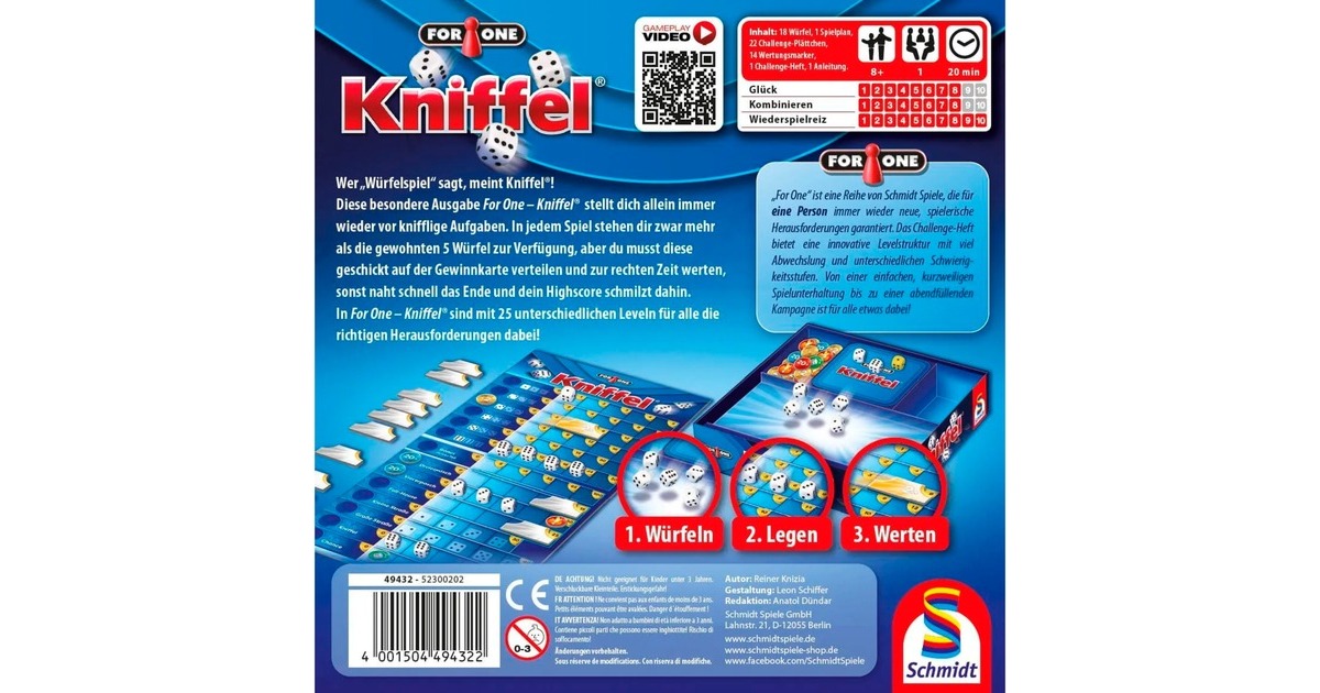 Schmidt Spiele For One - Kniffel, Würfelspiel