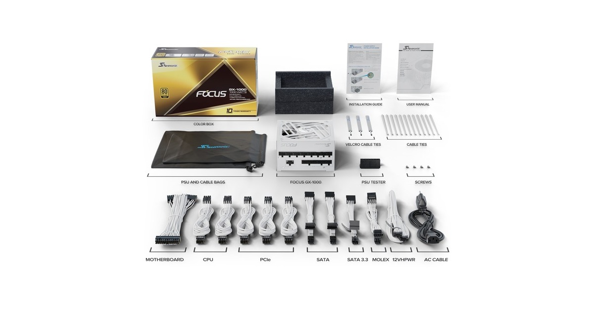 Seasonic FOCUS GX-1000 1000W ATX3.0 White Edition, PC-Netzteil(weiß, 1x 12VHPWR, 3x PCIe, Kabel-Management, 1000 Watt)