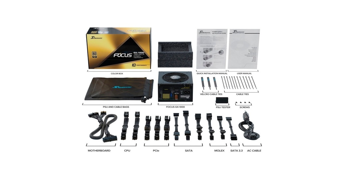 Seasonic FOCUS GX-1000 ATX3.0, PC-Netzteil(schwarz, 1x 12VHPWR, 3x PCIe, Kabel-Management, 1000 Watt)