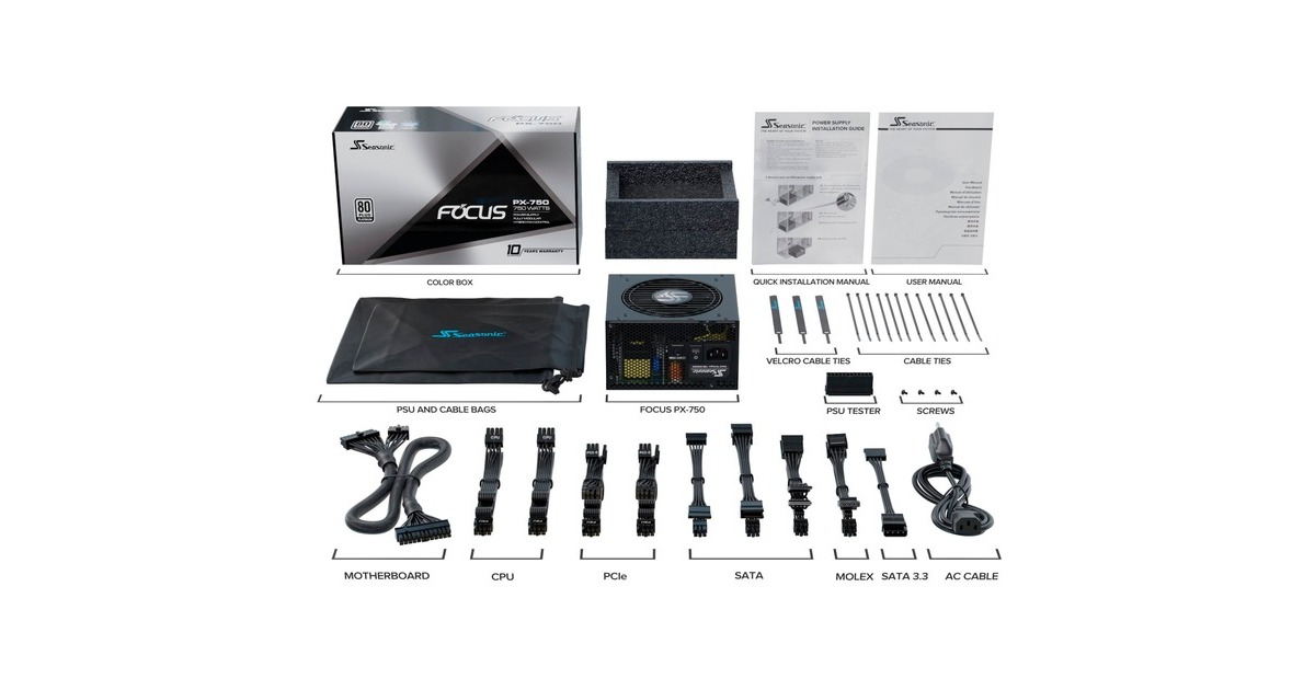 Seasonic FOCUS PX-750 ATX3.0, PC-Netzteil(schwarz, 1x 12VHPWR, 2x PCIe, Kabel-Management, 750 Watt)