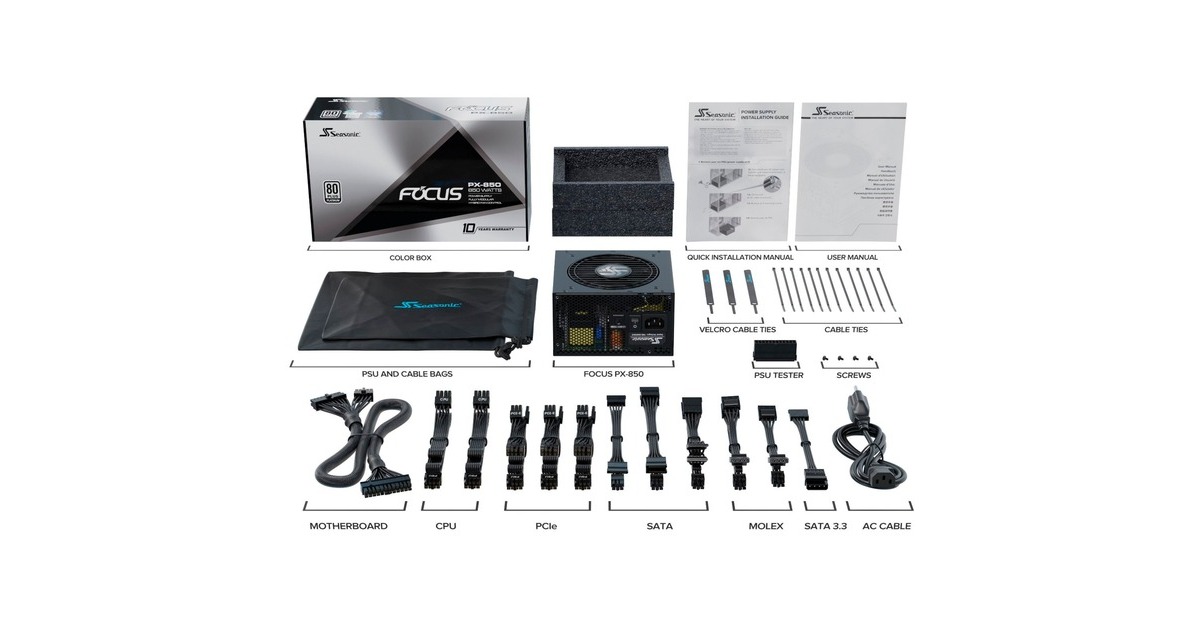 Seasonic FOCUS PX-850 ATX3.0, PC-Netzteil(schwarz, 1x 12VHPWR, 3x PCIe, Kabel-Management, 850 Watt)
