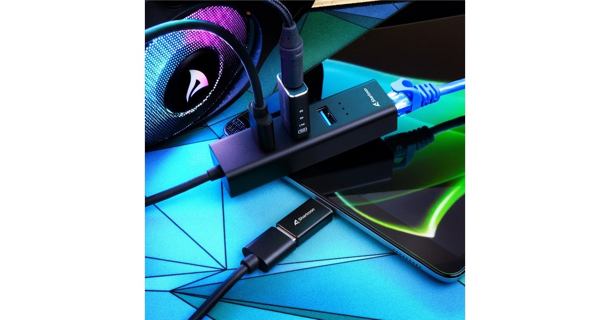 Sharkoon 3-Port USB 3.2 Gen 1 Alu Hub + Ethernet, Dockingstation(schwarz)