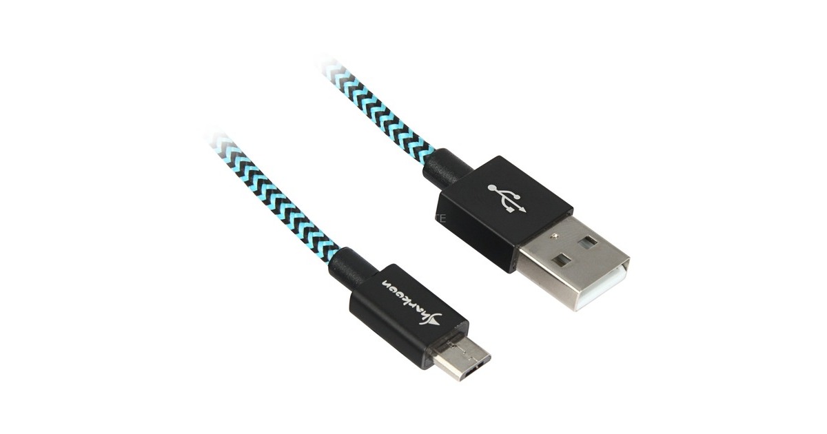 Micro-USB Stecker(schwarz/hellblau, 1 Meter, gesleevt)