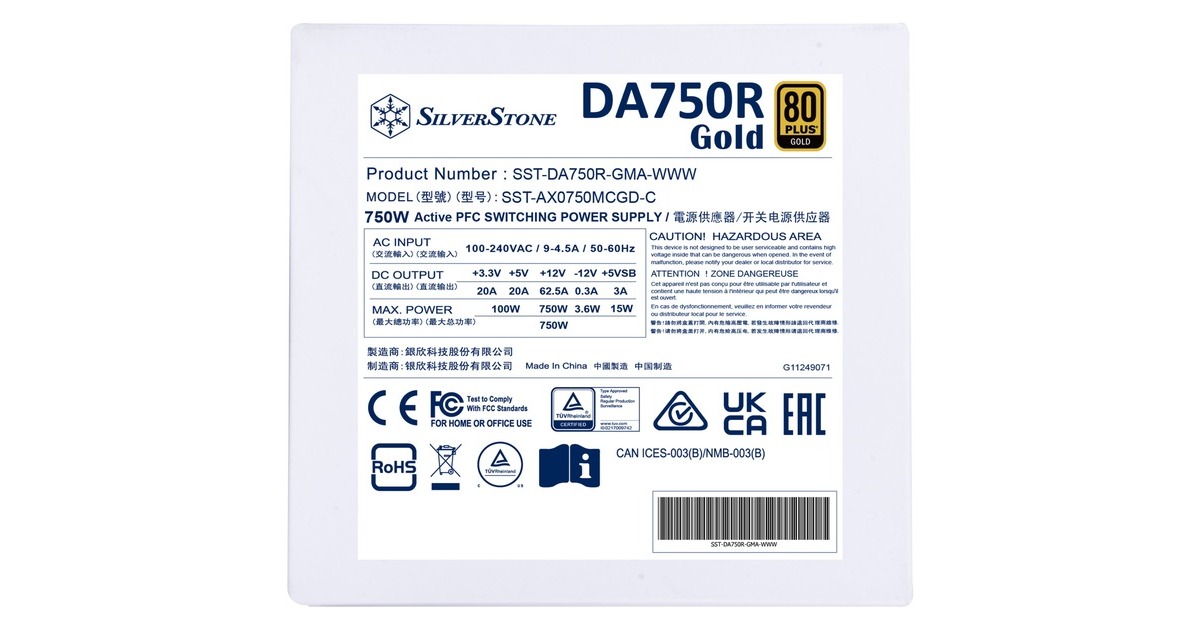 SilverStone SST-DA750R-GMA-WWW, PC-Netzteil(weiß, 1x 12-Pin ATX3.0, 4x PCIe, Kabel-Management, 750 Watt)