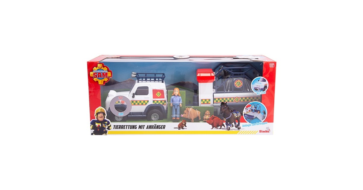 Simba Feuerwehrmann Sam Tierrettung mit Anhänger, Spielfahrzeug