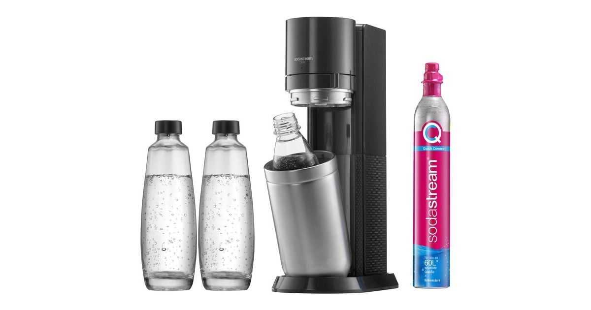 SodaStream Wassersprudler Duo Vorteilspack Titan(dunkelgrau/edelstahl, inkl. 2 Glasflaschen, Kunststoffflasche, CO₂-Zylinder)