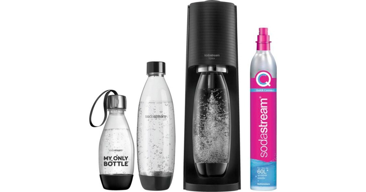 SodaStream Wassersprudler Terra Vorteilspack(schwarz, inkl. 3 Kunststoffflaschen, CO₂-Zylinder	)