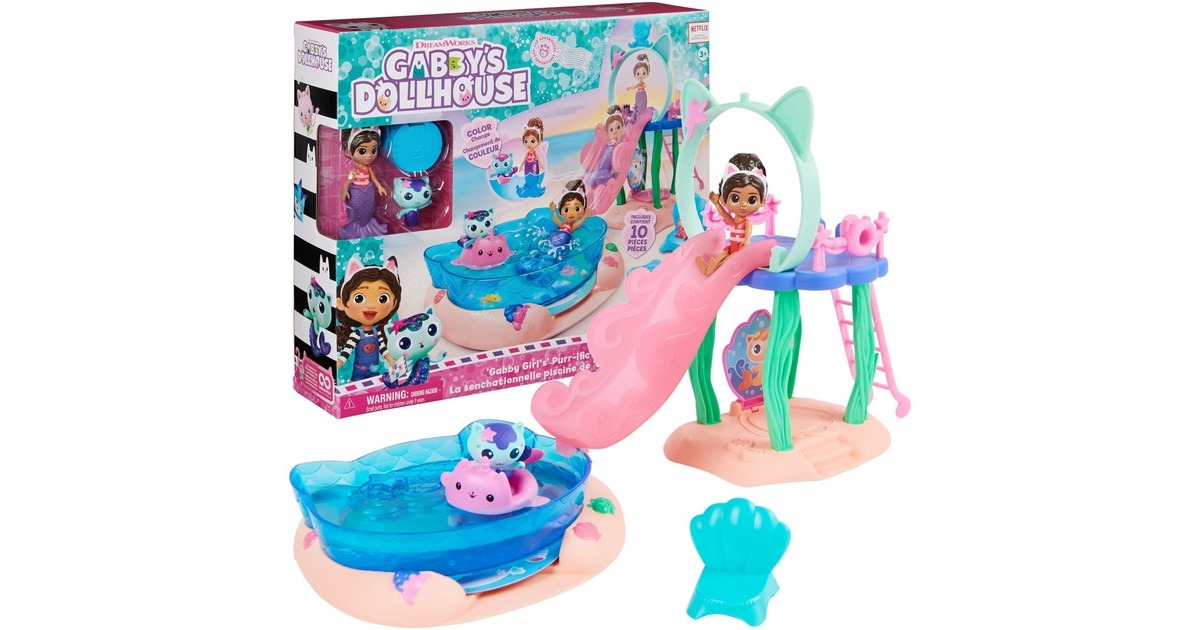 Spin Master DreamWorks Gabby's Dollhouse Cat Adventures - Purrific Pool Party Spielset, Kulisse(mit Gabby- und Meerkätzchen-Figur)