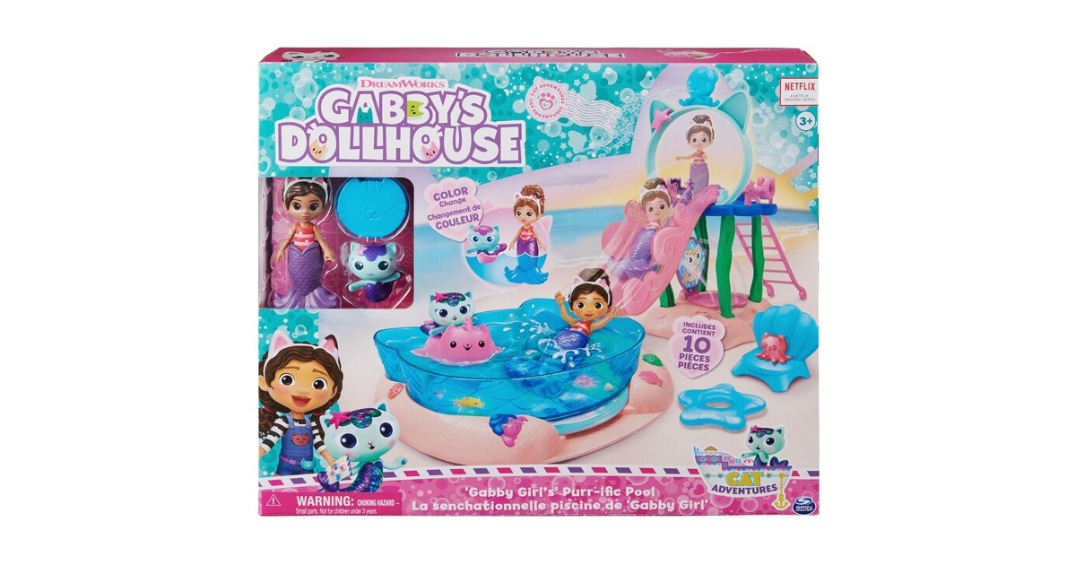 Spin Master DreamWorks Gabby's Dollhouse Cat Adventures - Purrific Pool Party Spielset, Kulisse(mit Gabby- und Meerkätzchen-Figur)