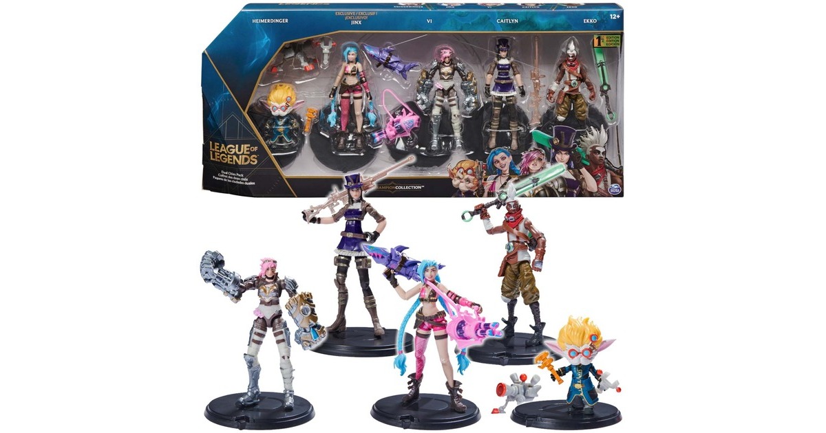 Spin Master League of Legends - 10cm Actionfiguren 5er Pack , Spielfigur(Vi, Caitlyn, Ekko, Heimerdinger und exklusiver Jinx, jeweils mit Accessoires, Ausstellungssockel)