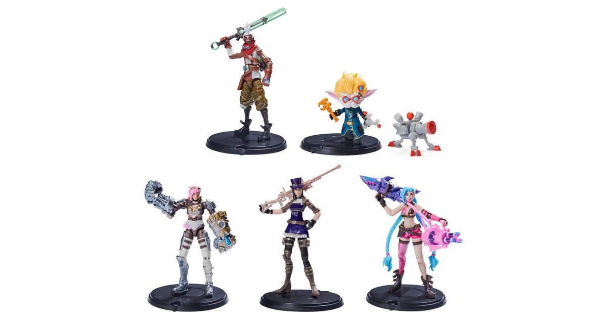 Spin Master League of Legends - 10cm Actionfiguren 5er Pack , Spielfigur(Vi, Caitlyn, Ekko, Heimerdinger und exklusiver Jinx, jeweils mit Accessoires, Ausstellungssockel)
