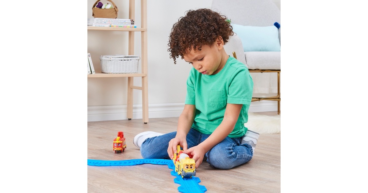 Spin Master Mighty Express Motorisierter Zug Baut-es Bruno mit Güterwaggon, Spielfahrzeug(gelb/grau)