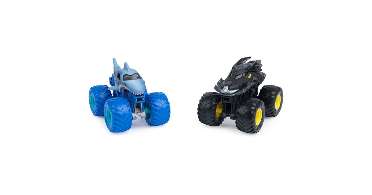 Spin Master Monster Jam - Batmobil vs. Megalodon, Spielfahrzeug(2er-Pack, Maßstab 1:64)
