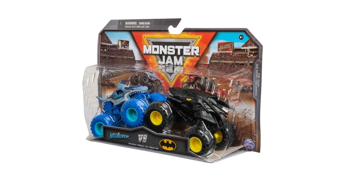 Spin Master Monster Jam - Batmobil vs. Megalodon, Spielfahrzeug(2er-Pack, Maßstab 1:64)