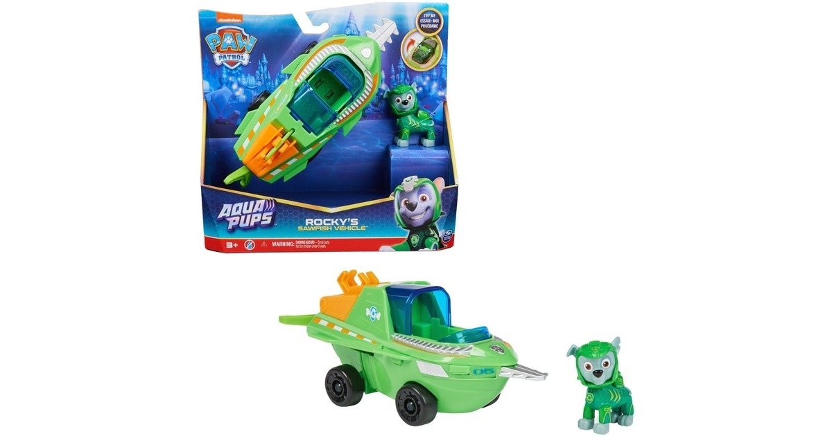 Spin Master PAW Patrol Aqua Pups - Basis Fahrzeug im Sägefisch-Design mit Rocky-Welpenfigur, Spielfahrzeug
