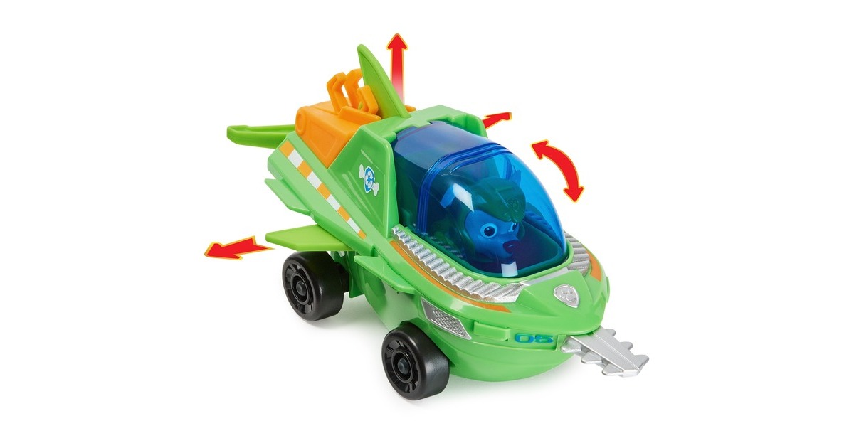 Spin Master PAW Patrol Aqua Pups - Basis Fahrzeug im Sägefisch-Design mit Rocky-Welpenfigur, Spielfahrzeug