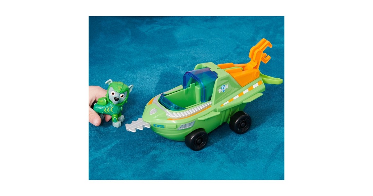 Spin Master PAW Patrol Aqua Pups - Basis Fahrzeug im Sägefisch-Design mit Rocky-Welpenfigur, Spielfahrzeug