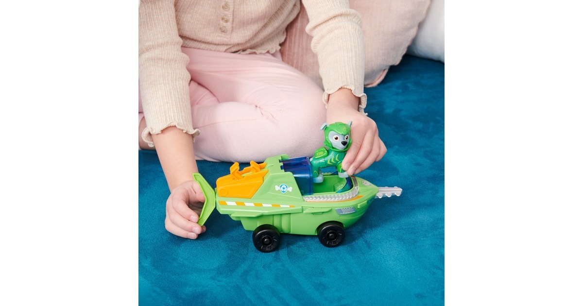 Spin Master PAW Patrol Aqua Pups - Basis Fahrzeug im Sägefisch-Design mit Rocky-Welpenfigur, Spielfahrzeug
