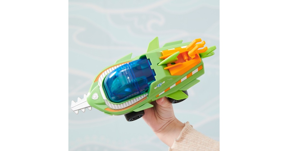Spin Master PAW Patrol Aqua Pups - Basis Fahrzeug im Sägefisch-Design mit Rocky-Welpenfigur, Spielfahrzeug