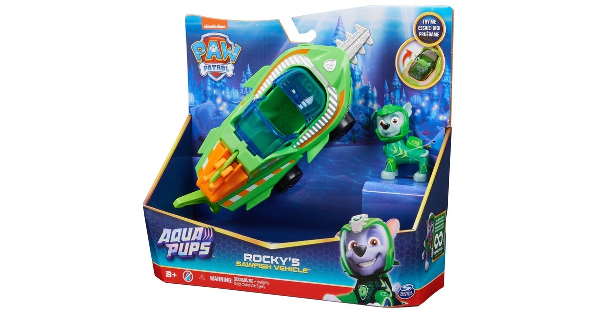 Spin Master PAW Patrol Aqua Pups - Basis Fahrzeug im Sägefisch-Design mit Rocky-Welpenfigur, Spielfahrzeug