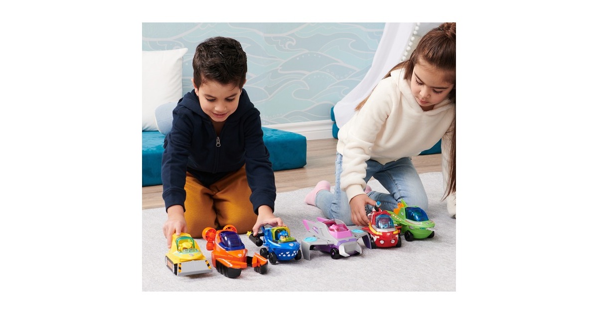 Spin Master PAW Patrol Aqua Pups - Basis Fahrzeug im Sägefisch-Design mit Rocky-Welpenfigur, Spielfahrzeug