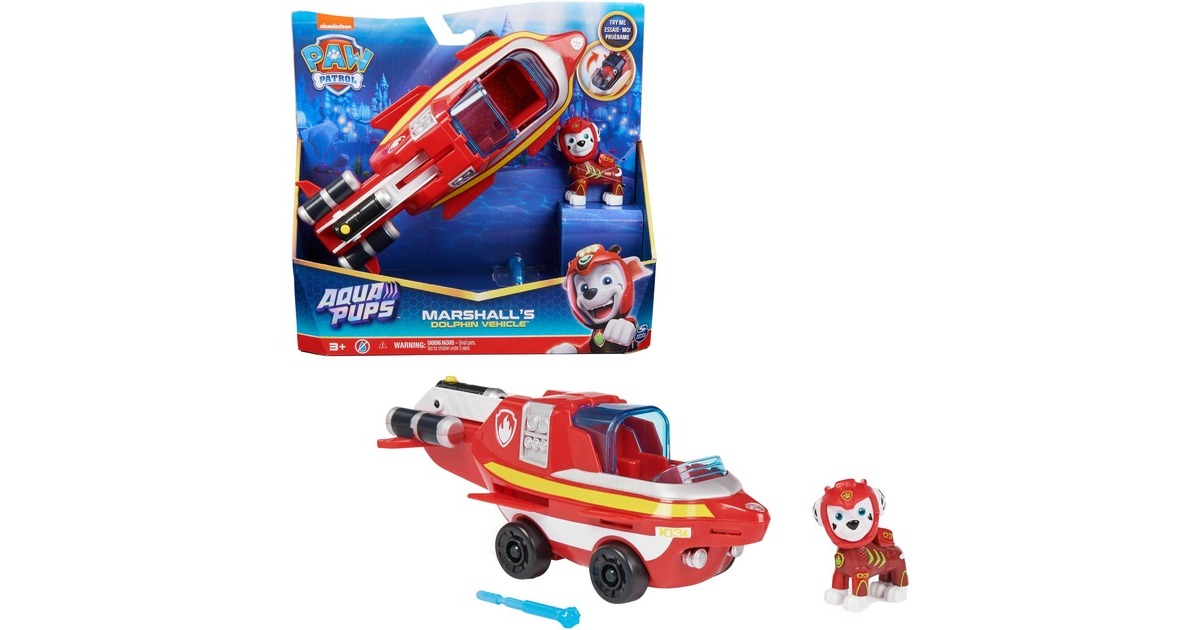 Spin Master Paw Patrol Aqua Pups - Basis Fahrzeug im Delfin-Design mit Marshall-Welpenfigur, Spielfahrzeug
