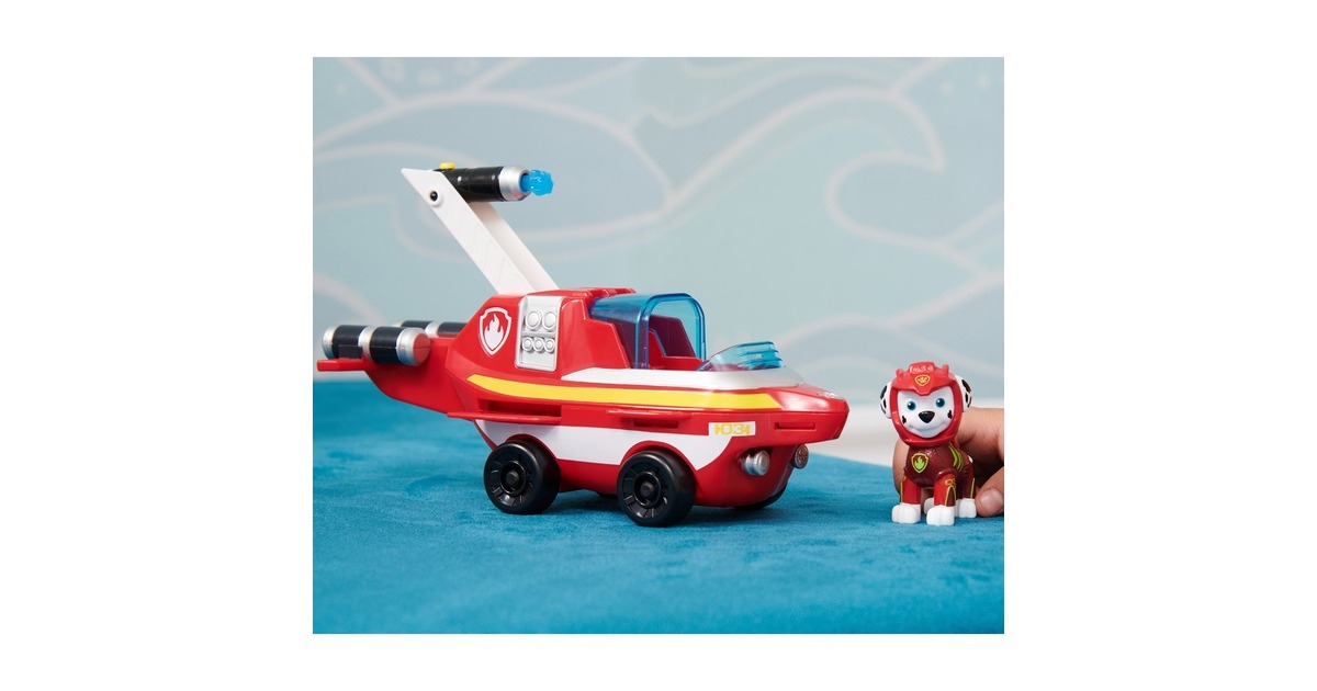 Spin Master Paw Patrol Aqua Pups - Basis Fahrzeug im Delfin-Design mit Marshall-Welpenfigur, Spielfahrzeug