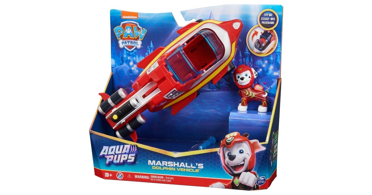 Spin Master Paw Patrol Aqua Pups - Basis Fahrzeug im Delfin-Design mit Marshall-Welpenfigur, Spielfahrzeug