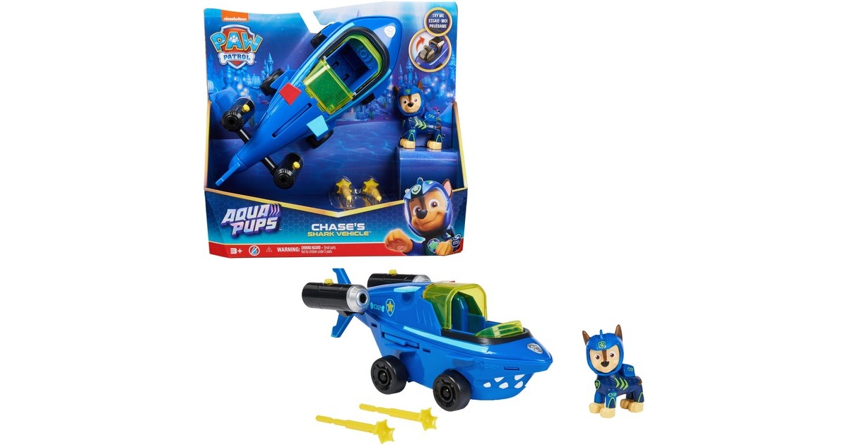 Spin Master Paw Patrol Aqua Pups - Basis Fahrzeug im Hai-Design mit Chase-Welpenfigur, Spielfahrzeug