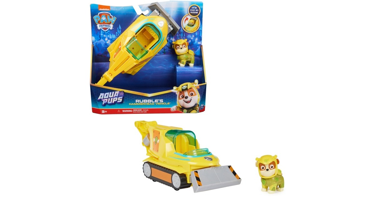 Spin Master Paw Patrol Aqua Pups - Basis Fahrzeug im Hammerhai-Design mit Rubble-Welpenfigur, Spielfahrzeug