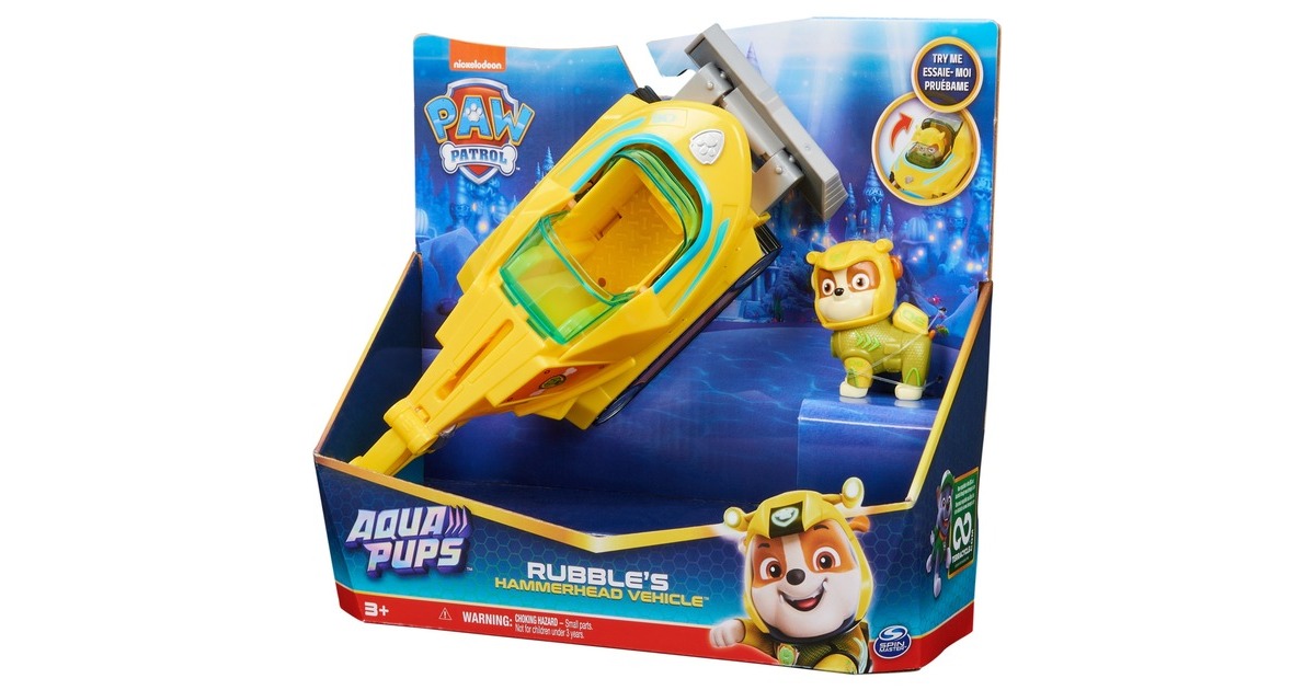 Spin Master Paw Patrol Aqua Pups - Basis Fahrzeug im Hammerhai-Design mit Rubble-Welpenfigur, Spielfahrzeug