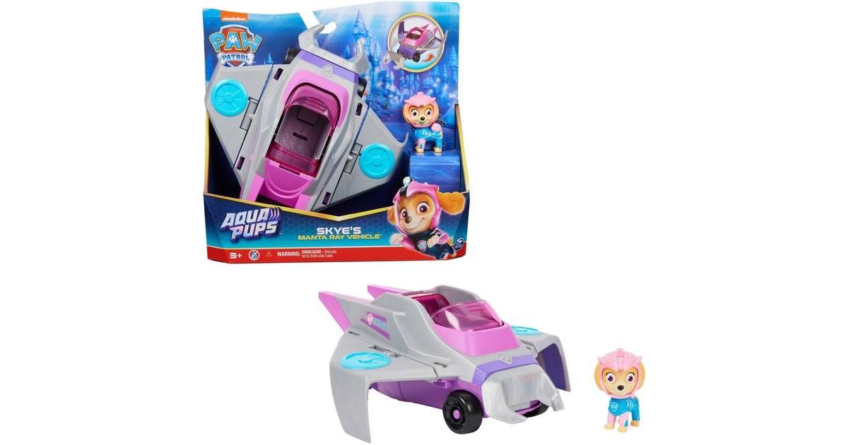 Spin Master Paw Patrol Aqua Pups - Basis Fahrzeug im Rochen-Design mit Skye-Welpenfigur, Spielfahrzeug