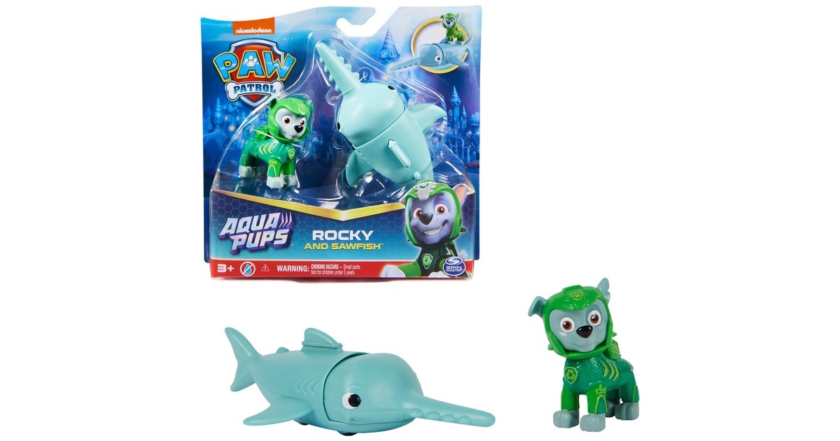 Spin Master Paw Patrol Aqua Pups - Hero Pups-Set mit Rocky-Welpenfigur und Sägefisch-Figur, Spielfigur