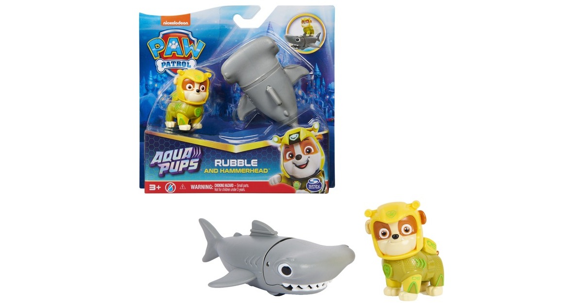 Spin Master Paw Patrol Aqua Pups - Hero Pups-Set mit Rubble-Welpenfigur und Hammerhai-Figur, Spielfigur